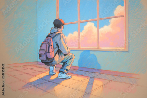 Boy with Backpack Daydreaming Near a Window