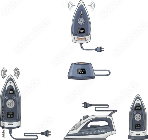 Modern electric steam iron vector set featuring smart technology icons with digital displays and wireless connectivity for laundry care