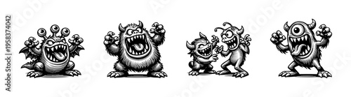 Black and white cartoon monster silhouette vector illustration