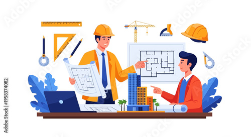 Two architects discussing building plans and models.