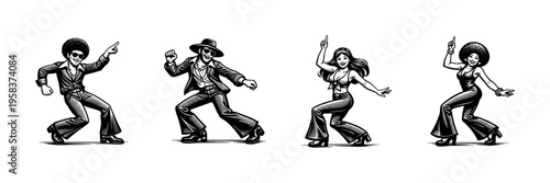 Retro dance silhouette illustration, vintage disco dancers vector, black and white clipart
