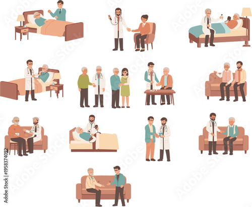 Vector illustration set of professional doctors and caregivers providing medical assistance