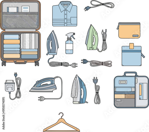 travel irons packed suitcases and laundry accessories for efficient clothing care during business trips or vacations