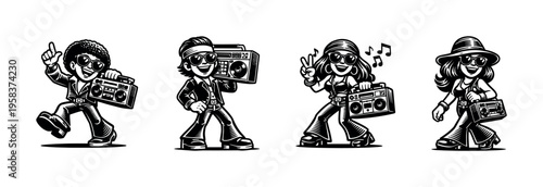 Retro hip hop characters with boombox illustrations, black and white vector silhouettes