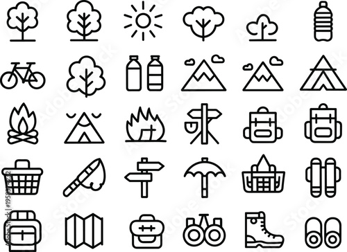 Minimal camping and outdoor adventure line icons set, nature travel symbols collection for hiking, camping gear, eco tourism design projects