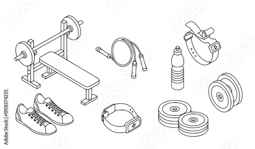 Isometric workout gear icons gym accessories fitness vector illustration set