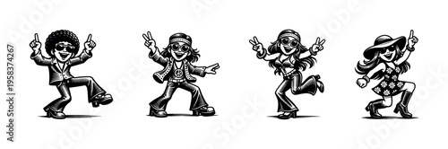 Retro dance characters in black and white silhouette style vector illustration