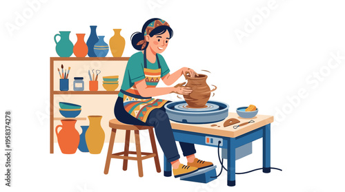 Woman artist skillfully shaping clay on pottery wheel.