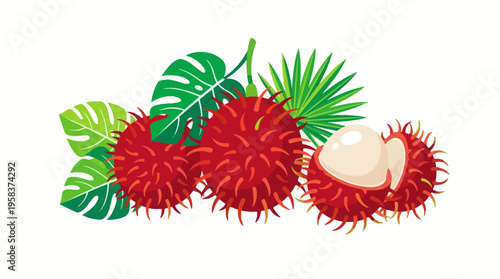 Vibrant Rambutan Fruits with Tropical Leaves Illustration.