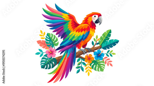 Vibrant Rainbow Parrot Perched on Branch with Tropical Leaves.