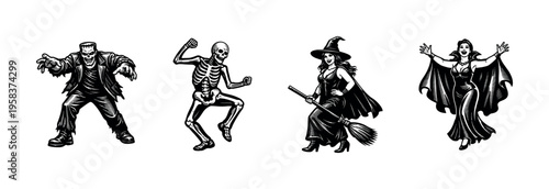 Vintage halloween characters illustration featuring skeleton witch vampire and monster silhouettes