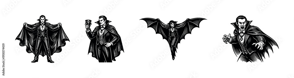 Obraz premium Gothic vampire characters vector illustration set, black and white silhouette, clipart elements
