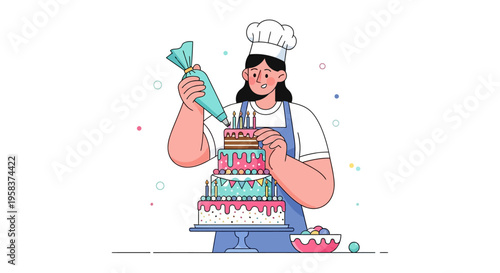 Woman baker decorating a multi-tiered cake with frosting.
