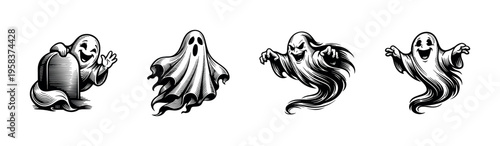 Spooky ghost vector illustrations set, black and white silhouette cartoon ghosts, halloween theme