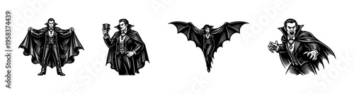 Gothic vampire characters vector illustration set, black and white silhouette, clipart elements