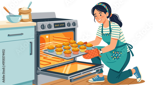 Woman baking cookies in oven.