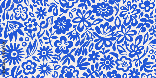 Intricate blue and white floral pattern with stylized botanical shapes