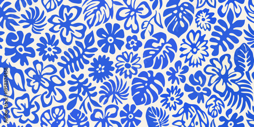 Blue and white floral pattern with stylized tropical leaf designs