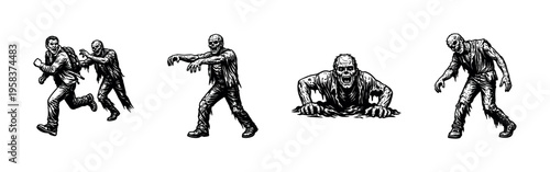 Black and white zombie character set in silhouette illustration style for halloween theme