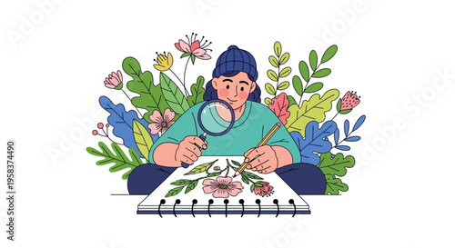 Woman Examining Botanical Illustration with Magnifying Glass.