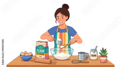 Woman baking ingredients in a kitchen setting.