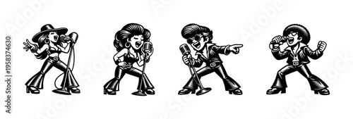 Retro music performers silhouette vector illustration featuring vintage microphones and fashion