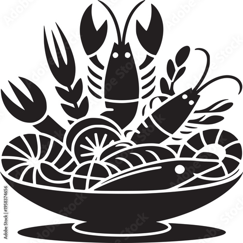 A monochrome illustration of a bowl overflowing with seafood and citrus fruits on a white background