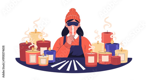 Woman blindfolded surrounded by scented candles.