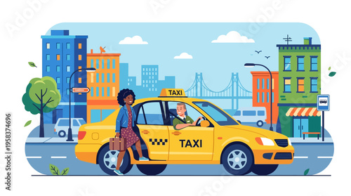 Woman exiting yellow taxi cab in city street scene.