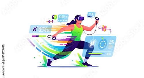 Woman exercising with virtual reality headset and controllers.