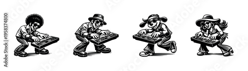 Retro cartoon musicians playing keyboard instruments black and white vector illustration