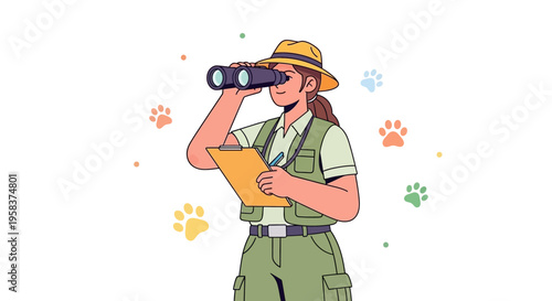 Woman explorer observing with binoculars and clipboard.