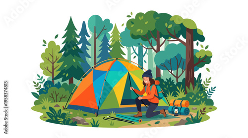 Woman camping in forest setting.