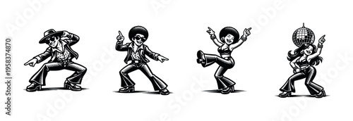 Vector illustration of retro disco dancers in black and white silhouette style featuring diverse dance poses