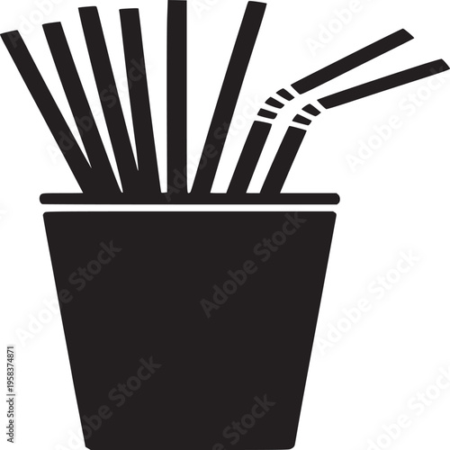 Black silhouette of a cup filled with multiple drinking straws on a white background illustration