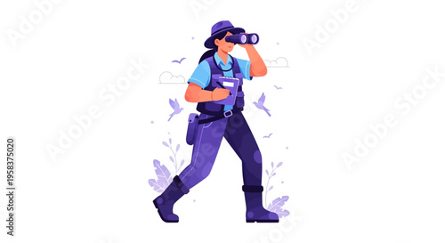 Woman Explorer with Binoculars and Camera.