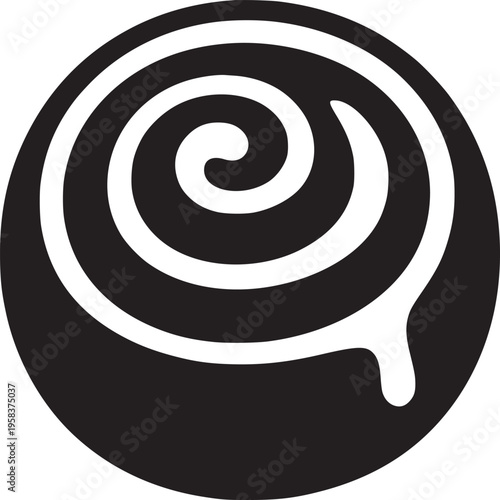 A black and white illustration of a cinnamon roll with a swirl pattern and a drop of icing below