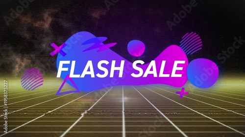 Animation of flash sale text over gradient banner over grid network against black background