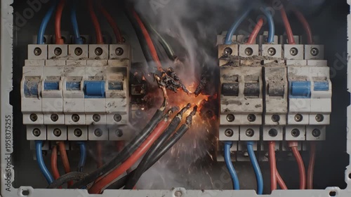 Electric short circuit causing electrical failure in circuit breaker panel. Danger of fire and equipment damage from arc flash explosion in industrial power system.