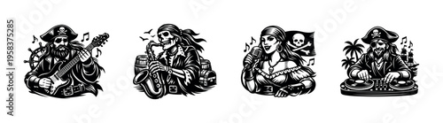 Black and white pirate musicians set, vector illustrations with guitarist, saxophonist, singer, dj pirate characters