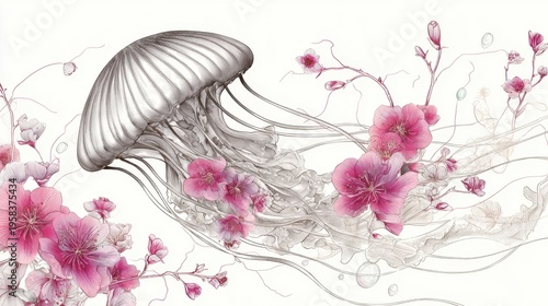 Jellyfish swims with pink flowers