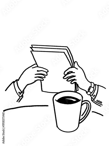 コーヒーを飲みながら書類を確認する手元のシンプル線画ベクターイラスト