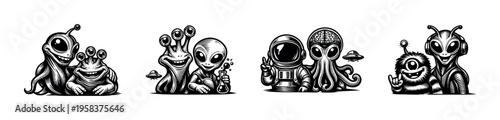 Black and white vector illustrations of whimsical extraterrestrial creatures silhouette clipart
