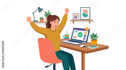 Woman celebrating success at her desk with laptop.