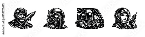Black and white vector illustrations of vintage astronauts in retro space suits
