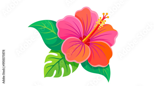 Vibrant Tropical Hibiscus Flower with Green Leaves Illustration.