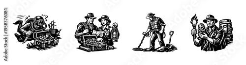 Treasure hunt adventure illustrations, black and white vector elements, silhouette clipart of explorers and divers