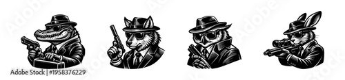 Collection of retro animal gangster illustrations in black and white silhouette style