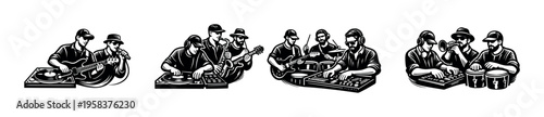 Black and white music band silhouette featuring musicians with instruments and dj equipment
