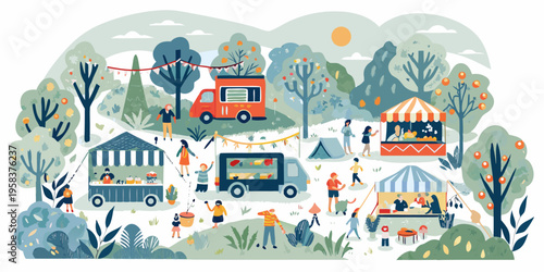 A bustling outdoor food festival with various stalls and happy people